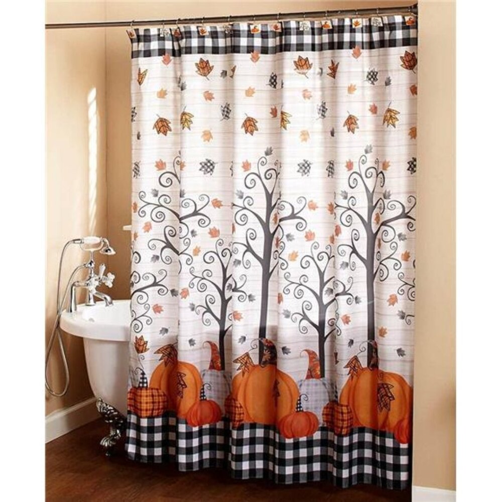 Plaid Pumpkin Bathroom Shower Curtain with Floral Autumn Accents (72"L x 72"W)